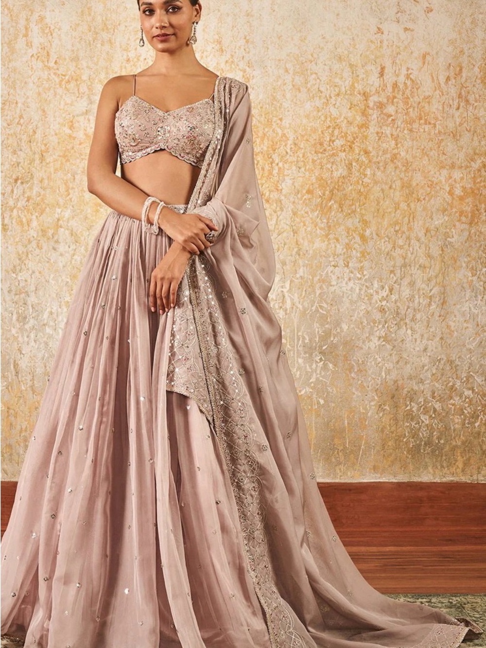 Romantic Dusty Pink Bridal Lehenga with Embellished Bodice